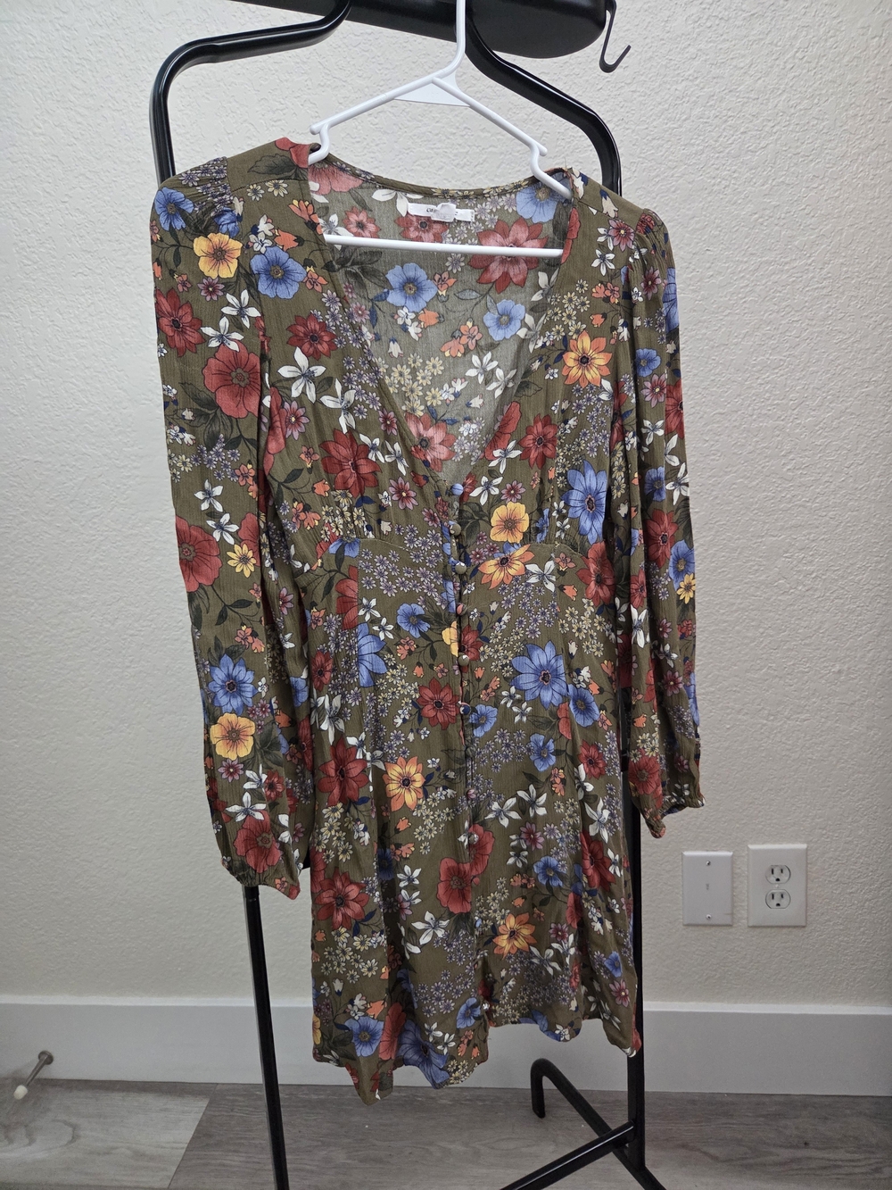 O'Neill Olive Floral V-Neck Long Sleeve Dress with Red, Blue & Yellow Flowers